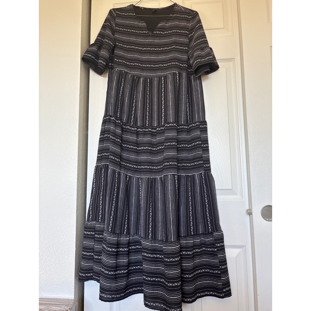 Moosta Tiered Maxi Dress Womens Size 4 Black White Striped Boho Short Sleeve